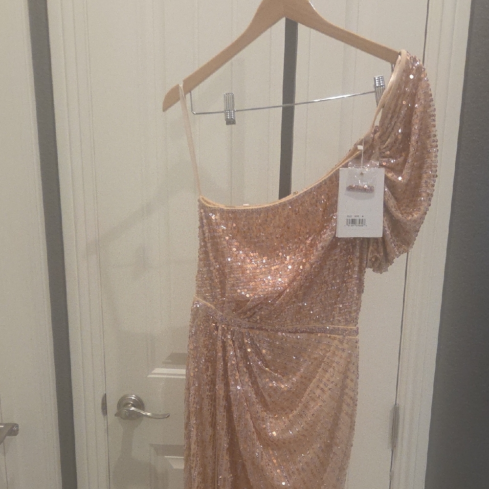 Mac Duggal One-Shoulder Sequin Maxi Dress in Gold